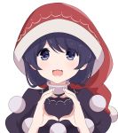  1girl :d bangs black_dress blue_eyes blue_hair blush commentary doremy_sweet dress english_commentary eyebrows_visible_through_hair hands_up hat heart heart_hands looking_at_viewer nightcap open_mouth pom_pom_(clothes) red_headwear short_hair short_sleeves simple_background smile solo touhou upper_body white_background yukome 