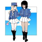  2girls amcpirin andou_(girls_und_panzer) bangs bc_freedom_(emblem) bc_freedom_military_uniform black_hair blonde_hair blue_jacket blue_vest blush boots border brown_eyes cloud cloudy_sky dark_skin drill_hair emblem fan girls_und_panzer green_eyes hat holding_arm jacket knee_blush long_hair looking_at_another marie_(girls_und_panzer) medium_hair messy_hair multiple_girls open_mouth pleated_skirt shako_cap skirt sky thighs vest walking white_border white_skirt yuri 