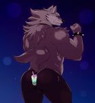  2019 anthro bcokami bottomwear bracelet bubble_tea bulge butt canid canine canis clothed clothing frown hands-free_bubble_tea hi_res jewelry looking_back male mammal meme muscular muscular_male purple_eyes rear_view simple_background slightly_chubby solo sparkles spiked_bracelet spikes straw tight_bottomwear tight_clothing topless wolf 