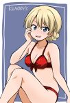  1girl :d bikini blonde_hair blue_background blue_eyes bow braid breasts cleavage collarbone darjeeling eyebrows_visible_through_hair front-tie_bikini front-tie_top girls_und_panzer hair_between_eyes halterneck ken_(haresaku) looking_at_viewer medium_breasts open_mouth red_bikini red_bow shiny shiny_hair short_hair sitting smile solo swimsuit tied_hair two-tone_background white_background 