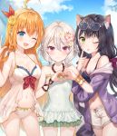  3girls ;d absurdres ahoge animal_ear_fluff animal_ears antenna_hair armlet bare_arms bare_shoulders bikini black_bikini black_hair blue_eyes blue_sky bow braid breasts cat_ears cleavage cloud collarbone cowboy_shot day eyewear_on_head flower green_eyes hair_bow hair_flower hair_ornament hairband halter_top halterneck heart heart_hands highres jacket kokkoro_(princess_connect!) kyaru_(princess_connect) large_breasts long_hair long_sleeves looking_at_viewer low_twintails multicolored_hair multiple_girls navel off_shoulder one-piece_swimsuit one_eye_closed open_clothes open_fly open_jacket open_mouth orange_hair outdoors pecorine pink_eyes pink_flower princess_connect! princess_connect!_re:dive purple_jacket red_ribbon ribbon rose short_shorts shorts side-by-side side-tie_bikini silver_hair single_braid sky smile standing stomach streaked_hair sunglasses swimsuit tokkyu_(user_mwwe3558) twintails 