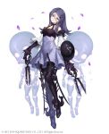  1girl absurdres armored_boots bare_shoulders boots claws detached_sleeves doll doll_joints drag-on_dragoon drag-on_dragoon_3 dress facial_mark forehead_mark full_body hair_between_eyes hair_ornament hairclip head_tilt highres ji_no looking_at_viewer official_art petals purple_eyes purple_hair scissors shield sinoalice solo square_enix sword three_(drag-on_dragoon) weapon white_background 