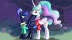  16:9 blue_eyes blurred_background clothed clothed_feral clothing cutie_mark duo equid feathered_wings feathers feral friendship_is_magic hair hawaiian_shirt horn jbond long_hair looking_back mammal multicolored_hair my_little_pony ponytail princess_celestia_(mlp) princess_luna_(mlp) purple_eyes shirt sibling sister sisters smile topwear winged_unicorn wings 