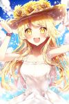 1girl :d arms_up bang_dream! bangs bare_shoulders blonde_hair blue_sky blush breasts brown_headwear cloud cloudy_sky collarbone day dress eyebrows_visible_through_hair flower hands_on_headwear hat hat_flower highres long_hair looking_at_viewer medium_breasts open_mouth outdoors sky sleeveless sleeveless_dress smile solo straw_hat sunflower taya_5323203 tsurumaki_kokoro upper_body very_long_hair white_dress yellow_eyes yellow_flower 