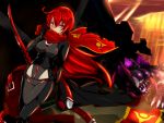  1girl black_footwear black_gloves black_legwear bodysuit breasts dark_knight_(elsword) elesis_(elsword) elsword gloves highres kotuzui_yositune leotard long_hair looking_at_viewer medium_breasts red_eyes red_hair red_scarf scarf solo sword very_long_hair weapon 