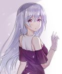  1girl bare_shoulders blush breasts commentary_request eyebrows_visible_through_hair frown gloves grey_eyes highres long_hair looking_at_viewer medium_breasts nagisa_(cxcx5235) off-shoulder_shirt off_shoulder original shirt solo white_gloves white_hair white_shirt 