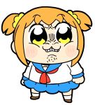  1girl :3 angry bangs bkub blue_sailor_collar blue_skirt blush_stickers brown_footwear clenched_hands commentary dot_nose eyebrows_visible_through_hair full_body hair_ornament hair_scrunchie light_blush neckerchief orange_hair poptepipic popuko red_neckwear sailor_collar school_uniform scrunchie serafuku shirt shoes short_hair short_twintails simple_background skirt socks solo standing twintails two_side_up white_background white_legwear white_shirt wrinkles yellow_eyes yellow_scrunchie 