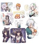  &gt;o&lt; 1boy 2girls ahoge amana_(pocketkey) animal_ear_fluff animal_ears antenna_hair baby bangs bare_shoulders black_hair blue_eyes blue_sleeves blush blush_stickers breast_feeding breast_press breasts cat_ears cat_tail cleavage collared_shirt commentary_request crying crying_with_eyes_open cygames detached_sleeves dress eyebrows_visible_through_hair flower flying_sweatdrops genderswap green_eyes hair_between_eyes hair_flower hair_ornament hair_ribbon highres irritated kokkoro_(princess_connect!) kyaru_(princess_connect) large_breasts long_hair low_twintails multicolored_hair multiple_girls open_mouth pecorine pointy_ears princess_connect! princess_connect!_re:dive ribbon shirt short_hair silver_hair sleeveless sleeveless_shirt speech_bubble streaked_hair sweatdrop tail tears thought_bubble thumb_sucking tiara translation_request twintails v-shaped_eyebrows white_background white_flower white_hair white_shirt wide_sleeves 