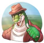  2019 alligator alligatorid anthro claws clothed clothing cregon crocodile crocodilian crocodylid fedora fully_clothed gesture hat headgear headwear hi_res looking_at_viewer male masterdaye open_maw reptile scalie solo teeth thumbs_up 