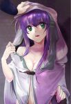 1girl banned_artist belt_buckle breasts buckle cleavage collarbone cyaca_ab eyebrows_visible_through_hair fire_emblem fire_emblem:_akatsuki_no_megami green_eyes hair_between_eyes hand_on_another&#039;s_head hood hood_up long_hair long_sleeves medium_breasts open_mouth purple_hair shiny shiny_hair upper_body very_long_hair wayu_(fire_emblem) 