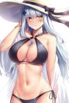  1girl bangs bare_shoulders bikini blue_bikini blue_ribbon blunt_bangs blush bracelet breasts cleavage collarbone commentary cowboy_shot eyebrows_visible_through_hair facial_mark girls_frontline gold green_eyes groin hair_ornament hat hat_ribbon highres hk416_(girls_frontline) jewelry long_hair looking_at_viewer motokonut navel o-ring o-ring_top off_shoulder parted_lips ribbon shiny shiny_skin side-tie_bikini sidelocks silver_hair simple_background solo stomach sun_hat swimsuit very_long_hair white_background white_headwear 