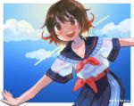  1girl alternate_costume artist_name black_sailor_collar black_skirt blue_sky brown_hair casual cloud condensation_trail dress gradient_hair kantai_collection mogamiya_honu multicolored_hair mutsuki_(kantai_collection) open_mouth outstretched_arms pleated_skirt red_hair round_teeth sailor_collar short_hair skirt sky smile solo teeth upper_teeth 