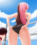  2girls adjusting_clothes adjusting_swimsuit ass beach_volleyball bikini black_bikini blue_sky brown_hair cloud cslucaris day eyebrows_visible_through_hair eyes_visible_through_hair long_hair looking_at_viewer looking_back multicolored_hair multiple_girls neo_(rwby) outdoors parted_lips pink_eyes pink_hair red_bikini_top red_hair ruby_rose rwby shiny shiny_hair short_hair signature sky solo_focus straight_hair swimsuit two-tone_hair watermark web_address 