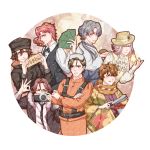  6+boys absurdres ahoge animal_ears black_coat black_neckwear brown_eyes brown_hair camera character_request closed_eyes code:realize copyright_request cravat crossed_arms diabolik_lovers formal gloves goggles goggles_on_head green_eyes grey_eyes grey_hair hair_between_eyes hat hedgehog highres hirakawa_daisuke japanese_clothes jojo_no_kimyou_na_bouken kakyouin_noriaki licking_lips long_hair long_sleeves looking_at_viewer mio_rin multiple_boys necktie pink_hair ponytail saint_germain_(code:realize) sakami_raito seiyuu_connection silver_hair simple_background stardust_crusaders straw_hat tongs tongue tongue_out vest white_vest 