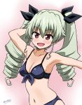  1girl :d anchovy armpits bikini black_bow blue_bikini blush bow breasts cleavage drill_hair eyebrows_visible_through_hair front-tie_bikini front-tie_top girls_und_panzer green_hair hair_between_eyes hair_bow ken_(haresaku) long_hair looking_at_viewer medium_breasts navel open_mouth red_eyes shiny shiny_hair sideboob signature smile solo standing swimsuit twin_drills twintails upper_body very_long_hair 