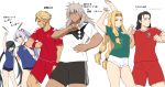  2018_fifa_world_cup 3boys 3girls beowulf_(fate/grand_order) black_hair black_shorts blonde_hair blue_eyes check_translation closed_mouth commentary_request country_connection denmark eyebrows_visible_through_hair eyepatch fate/grand_order fate_(series) germany green_eyes grey_hair hair_ornament hair_over_one_eye hair_ribbon japan jewelry long_hair mexico mochizuki_chiyome_(fate/grand_order) multiple_boys multiple_girls nikola_tesla_(fate/grand_order) ponytail quetzalcoatl_(fate/grand_order) red_eyes ribbon serbia shirt shiseki_hirame short_hair shorts siegfried_(fate) soccer soccer_uniform sportswear tomoe_gozen_(fate/grand_order) translation_request very_long_hair white_background white_shorts world_cup 