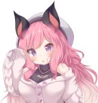  1girl animal_ears animare bangs bat_ears black_shirt blush breasts chestnut_mouth daidai_ookami eyebrows_visible_through_hair fang grey_headwear hair_ornament hand_up hat highres jacket jewelry large_breasts long_hair long_sleeves necklace parted_lips pink_hair puffy_long_sleeves puffy_sleeves purple_eyes ribbed_shirt shirt sidelocks sleeveless sleeveless_shirt sleeves_past_wrists solo umori_hinako upper_body virtual_youtuber white_background white_jacket 