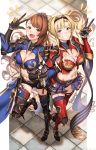  2girls armor bangs beatrix_(granblue_fantasy) blonde_hair blue_eyes blush breasts brown_eyes brown_hair cleavage eyebrows_visible_through_hair full_body futami_(mg42fw190d) gauntlets gloves granblue_fantasy greaves grin hair_ornament hairband hand_up highres large_breasts long_hair looking_at_viewer medium_breasts multiple_girls navel open_mouth parted_bangs ponytail sidelocks smile standing standing_on_one_leg thighhighs twintails v w zeta_(granblue_fantasy) 