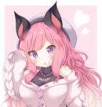  1girl animal_ears animare bangs bat_ears black_shirt blush breasts chestnut_mouth commentary_request daidai_ookami eyebrows_visible_through_hair fang grey_headwear hair_ornament hand_up hat heart jacket jewelry large_breasts long_hair long_sleeves necklace parted_lips pink_background pink_hair puffy_long_sleeves puffy_sleeves purple_eyes ribbed_shirt shirt sidelocks sleeveless sleeveless_shirt sleeves_past_wrists solo two-tone_background umori_hinako upper_body virtual_youtuber white_background white_jacket 