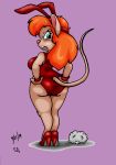  2019 angry anthro blue_eyes buckteeth butt butt_pose chip_&#039;n_dale_rescue_rangers chip_n&#039;death clothing disney fake_ears fake_rabbit_ears female footwear gadget_hackwrench hair hand_on_butt high_heels looking_at_viewer looking_back mammal mouse murid murine one-piece_swimsuit open_mouth orange_hair rodent shirt_cuffs shoes simple_background solo standing swimwear teeth 