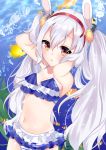  1girl air_bubble animal animal_ears armpits arms_up azur_lane bangs bare_shoulders bikini blue_bikini blush bubble bunny_ears clownfish commentary_request day eyebrows_visible_through_hair fish hair_between_eyes hair_ornament hairband laffey_(azur_lane) long_hair looking_at_viewer misaki_(misaki86) navel outdoors parted_lips red_eyes red_hairband silver_hair solo striped swimsuit twintails underwater very_long_hair water 
