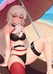 1girl absurdres ahoge arm_support artist_name beach belt bikini black_belt black_bikini black_choker breasts bubble_tea bubble_tea_challenge choker cleavage drinking_straw eyebrows_visible_through_hair fate/grand_order fate_(series) hair_between_eyes halter_top halterneck highres jeanne_d&#039;arc_(alter_swimsuit_berserker) jeanne_d&#039;arc_(fate)_(all) large_breasts long_hair looking_at_viewer navel o-ring o-ring_bikini o-ring_bottom o-ring_top ocean raised_eyebrow red_legwear shellvi silver_hair single_thighhigh sitting solo swimsuit thigh_strap thighhighs umbrella very_long_hair yellow_eyes 