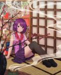  1girl against_wall artist_name bangs bare_arms black_legwear blurry_foreground branch cherry_blossoms closed_mouth collar commentary_request english_commentary highres incense_burner legs_together loafers looking_at_viewer monogatari_(series) necktie newspaper nisemonogatari plant pleated_skirt potted_plant purple_eyes purple_hair purple_neckwear purple_shirt purple_skirt red_collar rushieruart school_uniform senjougahara_hitagi shiny shiny_hair shirt shoes short_hair shouji sitting skirt sleeves_rolled_up sliding_doors smoke solo swept_bangs tatami thighhighs watermark zettai_ryouiki 