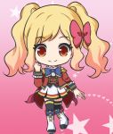  1girl aikatsu! aikatsu!_(series) bangs black_legwear blonde_hair blue_bow boots bow brown_vest closed_mouth epaulettes eyebrows_visible_through_hair full_body hair_bow hand_up heart heart_background jacket knee_boots long_sleeves nekono_rin nijino_yume open_clothes open_jacket pleated_skirt red_bow red_eyes red_jacket shirt skirt smile solo standing standing_on_one_leg star starry_background thighhighs thighhighs_under_boots twintails vest white_footwear white_shirt white_skirt 