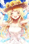  1girl :d ^_^ arms_up bang_dream! bangs bare_shoulders blonde_hair blue_sky blush breasts brown_headwear closed_eyes cloud cloudy_sky collarbone commentary_request day dress eyebrows_visible_through_hair facing_viewer flower hands_on_headwear hat hat_flower highres long_hair medium_breasts open_mouth outdoors sky sleeveless sleeveless_dress smile solo straw_hat sunflower taya_5323203 tsurumaki_kokoro upper_body very_long_hair white_dress yellow_flower 