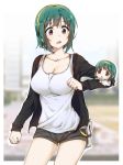  1girl black_jacket blurry blurry_background breasts brown_eyes character_doll cleavage collarbone cowboy_shot green_hair grey_shorts hairband highres idolmaster idolmaster_(classic) jacket long_sleeves medium_breasts mole mole_under_mouth open_clothes open_jacket open_mouth otonashi_kotori shirt short_hair short_shorts shorts sidarim sleeveless sleeveless_shirt solo standing white_background white_shirt yellow_hairband 