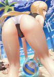  1boy 1girl ahoge artoria_pendragon_(all) artoria_pendragon_(swimsuit_archer) ass beach_volleyball bikini blonde_hair breasts cloud day expressionless eyebrows_visible_through_hair fate/grand_order fate_(series) green_eyes hair_tie highres hollow_eyes looking_afar low_ponytail ocean open_mouth outdoors saber sand sky sweat swimsuit takehisa_tomoe v-shaped_eyebrows volleyball white_bikini 