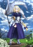  1girl absurdres armor bare_tree blonde_hair blue_bow blue_sky bow chain cloud dirt_road expressionless fate/apocrypha fate_(series) fleur_de_lis flower flower_request grass headphones highres jeanne_d&#039;arc_(fate) jeanne_d&#039;arc_(fate)_(all) long_braid purple_eyes ruins satyarizqy sky solo standard_bearer sword thighhighs thighs tree weapon 