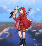  1girl artist_name bangs bird black_footwear blue_sky blurry brown_shorts cloud day depth_of_field falcon full_body green_eyes green_hair head_tilt kantai_collection long_sleeves looking_at_viewer mogami_(kantai_collection) mogamiya_honu outdoors polearm raincoat red_shirt school_uniform serafuku shirt short_hair shorts sky smile solo standing swept_bangs thigh_strap weapon 