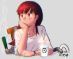 1girl brown_eyes brown_hair casual chair collarbone enemy_lifebuoy_(kantai_collection) ergot grey_background groceries hand_on_own_chin jewelry kantai_collection logo_parody long_hair looking_to_the_side ooi_(kantai_collection) ring shirt simple_background solo spring_onion starbucks tumbler upper_body watch wedding_band white_shirt wristwatch 