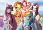  applejack_(mlp) beach clothing cloud equid equine female fluttershy_(mlp) friendship_is_magic glorious-rarien group horn horse mammal my_little_pony one_eye_closed pinkie_pie_(mlp) pterippus rainbow_dash_(mlp) rarity_(mlp) seaside sky swimwear twilight_sparkle_(mlp) unicorn wings wink 