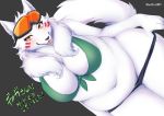  2019 amber_eyes anthro belly black_bottomwear black_clothing black_lips black_nose blush bottomwear breasts canid canine canis cheek_tuft cleavage clothed clothing deep_navel digital_media_(artwork) dutch_angle eyewear female fur goggles green_clothing green_topwear grey_background japanese_text looking_at_viewer mammal markings navel open_mouth open_smile overweight signature simple_background slightly_chubby smile solo text thick_thighs tongue topwear translation_request tuft undressing voluptuous white_fur wide_hips wolf wolfox004 