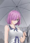  1girl absurdres fate/grand_order fate_(series) hair_over_one_eye highres looking_at_viewer mash_kyrielight purple_eyes purple_hair rain satyarizqy short_hair smile solo umbrella upper_body 