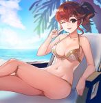  1girl ;d anna_(fire_emblem) bare_arms bare_shoulders beach bikini blue_sky breasts brown_bikini cleavage cloud collarbone commentary_request day deck_chair finger_to_cheek fire_emblem fire_emblem_heroes highres horizon knee_up kokouno_oyazi long_hair looking_at_viewer medium_breasts navel ocean one_eye_closed open_mouth outdoors palm_tree ponytail red_eyes red_hair simple_background sky smile solo stomach sunglasses swimsuit thighs tree water 