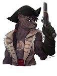  2019 abs anthro biceps black_fur black_hair black_nose black_powder_weapon clothed clothing digital_media_(artwork) elranno felid flintlock flintlock_pistol fur gloves green_eyes gun hair handgun handwear hat headgear headwear hi_res holding_object holding_weapon iagu_viron jaguar looking_at_viewer male mammal muscular muscular_male pantherine pirate pistol portrait ranged_weapon serious solo spots standing tattoo weapon 