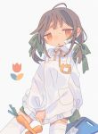  1girl ahoge apron bandaid bandaid_on_forehead brown_hair carrot cutting_board daizu_(melon-lemon) flower frilled_apron frills gradient_hair green_ribbon grey_background hair_ornament hair_ribbon highres jitome kitchen_knife knife long_sleeves looking_at_viewer low_twintails medium_hair multicolored_hair muted_color name_tag no_nose orange_eyes original parted_lips pocket puffy_sleeves ribbon simple_background sitting solo sweat tears thighhighs tulip twintails white_apron white_legwear wing_collar yellow_neckwear 