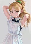  1girl apron armpits arms_behind_head bangs blonde_hair brown_eyes earrings fkey frown highres jewelry long_hair original sleeveless solo 