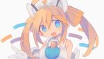  1girl :d bangs bare_shoulders blonde_hair blue_eyes breasts bright_pupils daizu_(melon-lemon) eyebrows_visible_through_hair folded_hair gloves grey_background hair_between_eyes hand_up head_tilt long_hair looking_at_viewer neptune_(series) no_nose open_mouth orange_heart sidelocks simple_background smile solo twintails upper_body white_gloves 