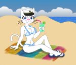  anthro beach beverage bikini captain&#039;s_hat clothing domestic_cat felid feline felis female flip_flops food footwear fruit headgear headwear hi_res juice87 lime mai_kitty mammal plant sandals seaside solo straw swimwear towel 