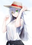  1girl bangs breasts clothes_around_waist cloud commentary_request eyebrows_visible_through_hair eyes_visible_through_hair fingernails green_eyes hair_between_eyes hands_up hat heterochromia highres long_hair looking_at_viewer messy_hair original shiny shiny_skin shirt short_sleeves sidelocks silver_hair sky small_breasts smile solo sun_hat sunlight upper_body waka_(shark_waka) white_shirt yellow_eyes 