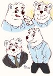  2019 aggressive_retsuko anthro blush bottomwear clothing eyes_closed hi_res kokorodoggu male mammal necktie pants polar_bear sanrio shirota shirt solo teeth topwear ursid ursine 