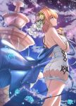  1girl ass bare_shoulders blonde_hair blue_eyes blue_sky breasts cloud commentary_request dress europa_(granblue_fantasy) eyebrows_visible_through_hair flower fountain granblue_fantasy hair_between_eyes hair_flower hair_ornament highres keikei_(kitty_colors) large_breasts short_hair sky solo star tiara water white_dress 