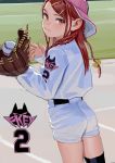  1girl ass back baseball baseball_cap baseball_mitt baseball_uniform belt black_legwear braid fkey hair_ornament hairclip hat highres looking_at_viewer original red_eyes red_hair shorts single_thighhigh smile solo sportswear thighhighs 