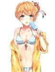  1girl bikini blonde_hair blue_eyes blush braid breasts character_request cleavage food french_braid highres ice_cream medium_breasts navel open_mouth popsicle shironeko_project short_hair solo striped striped_bikini summer swimsuit swimsuit_under_clothes white_background zaza_(zazam_s) 