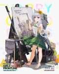  1girl animal_ears anti-materiel_rifle bangs blue_eyes blush braid breasts character_name closed_mouth dress easel full_body girls_frontline green_dress grey_hair gun hair_between_eyes holding_brush holding_easel ksvk_(girls_frontline) ksvk_12.7 long_hair looking_at_viewer official_art paintbrush painting painting_(object) pandea_work ponytail rifle sandals smile sniper_rifle solo standing very_long_hair weapon younger 