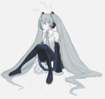  1girl arms_at_sides bare_shoulders black_legwear breasts commentary_request detached_sleeves expressionless eyelashes frilled_skirt frilled_sleeves frills full_body grey_background grey_eyes grey_hair grey_shirt hair_between_eyes hatsune_miku headset highres knees_together_feet_apart long_hair looking_away necktie number_tattoo p2_(uxjzz) parted_lips shirt shoulder_tattoo simple_background sitting skirt sleeveless sleeveless_shirt small_breasts solo tattoo thighhighs twintails very_long_hair vocaloid 